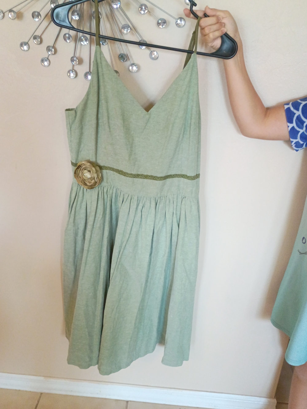 Lindy Bop Sage Green Spaghetti-Strap Dress with Flower Detail